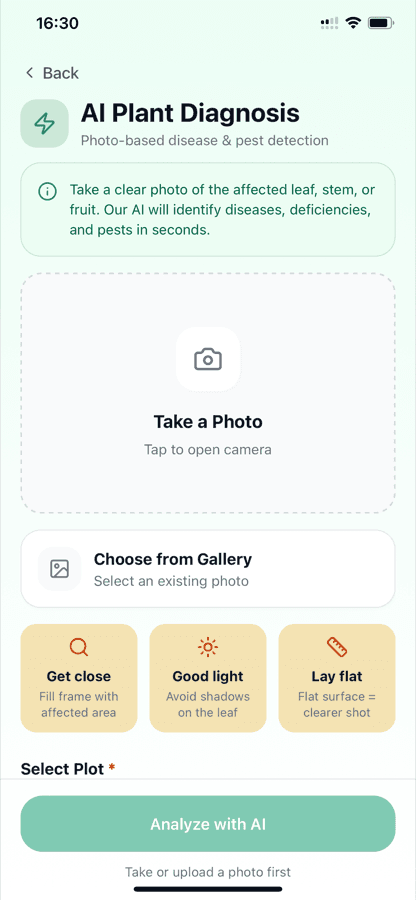 The AI Plant Diagnosis screen, offering to take a photo or choose one from the gallery, with tips on getting a clear shot