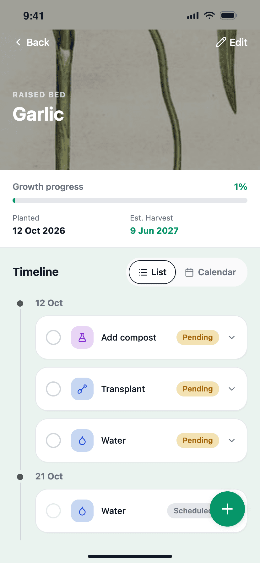 A garlic planting with a care schedule generated for it: add compost, transplant and water, each on its own date