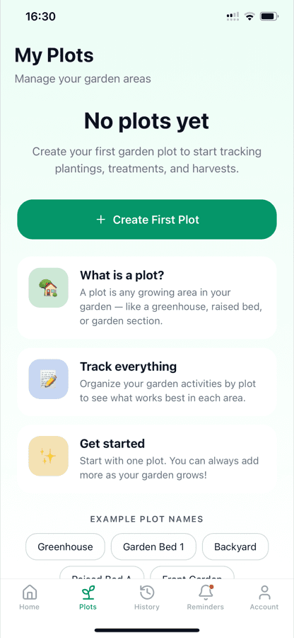 The My Plots screen, explaining what a plot is and offering example plot names such as Greenhouse and Garden Bed 1