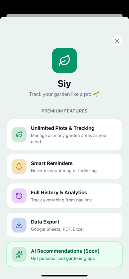 The Siy premium screen, listing unlimited plots and tracking, smart reminders, full history and analytics, and data export